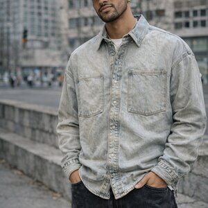 Zara Men's Casual denim acid wash Light Blue snap button Shirt